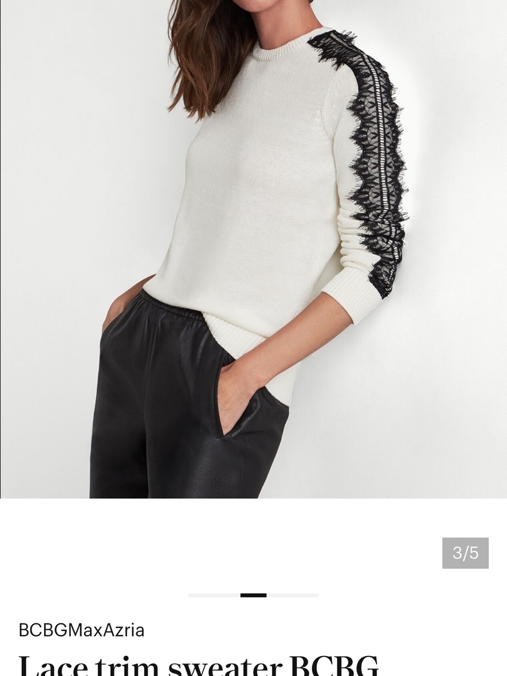 BCBGMaxAzria Ivory Crewneck Sweater with Black Lace Trim. Medium.